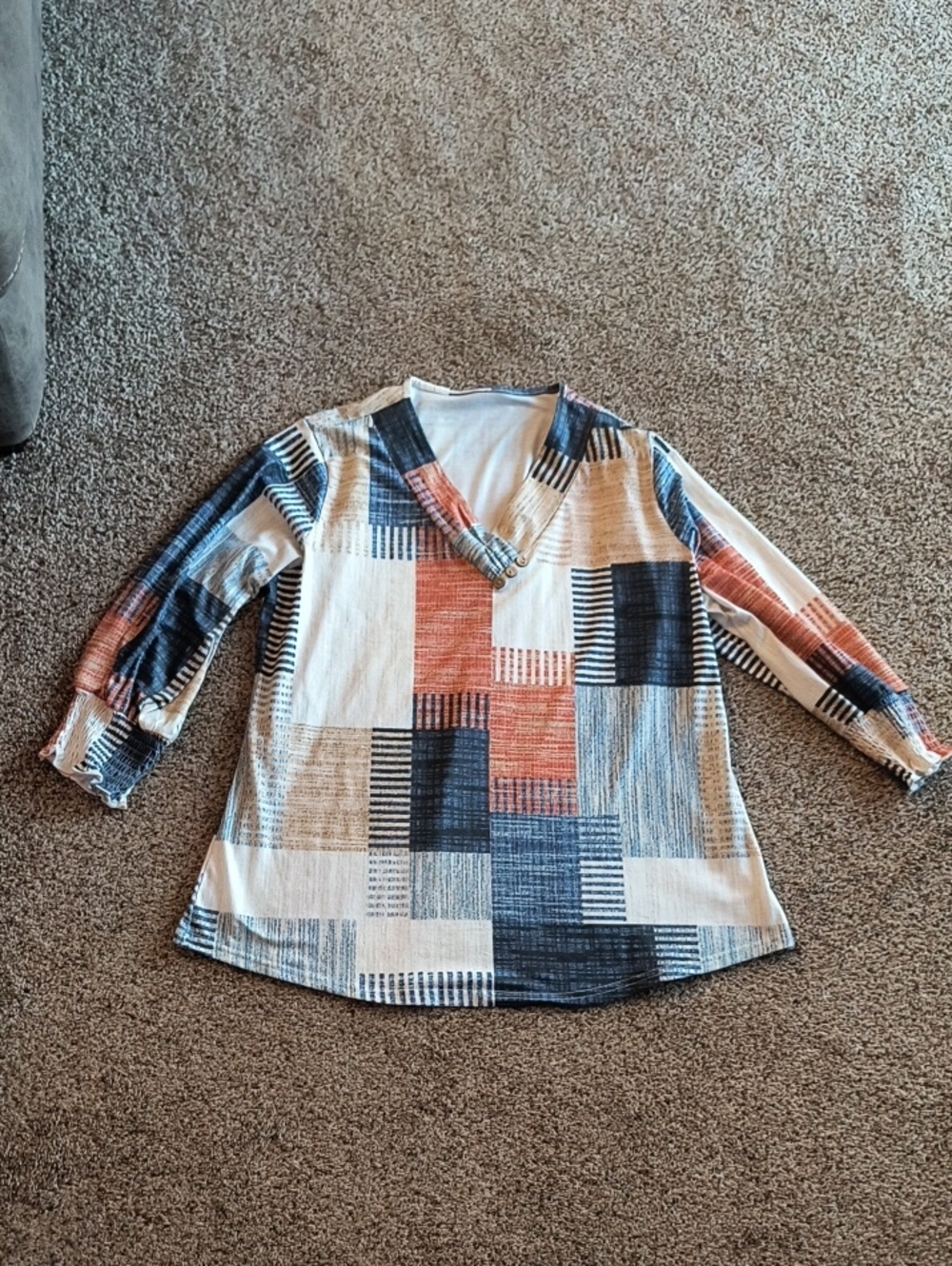 V-Neck Patchwork Print Tunic Top in Blue, Rust & Cream